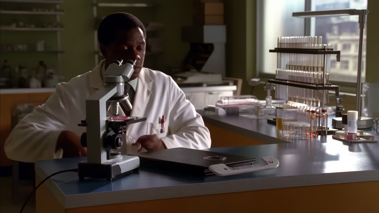 científico examinando una muestra bajo microscopio en un laboratorio