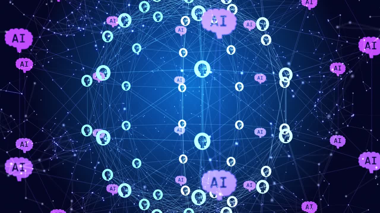 Animation of connected people icons, ai text and dots forming globe
