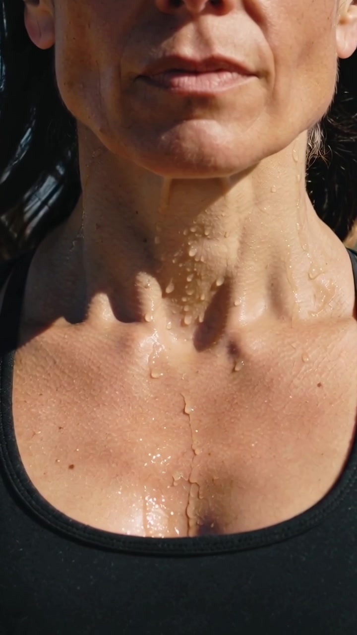 Vertical video: Sun heating woman outdoors in black tank forming beads into rivulets to cool skin