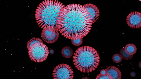 en primer plano, el coronavirus tipo covid-19, h1n1, la gripe aviar o la gripe porcina se mueven suavemente en el fluido. representación 3d del virus como fondo de bucle microscópico microbiológico. gradiente azul rojo 2