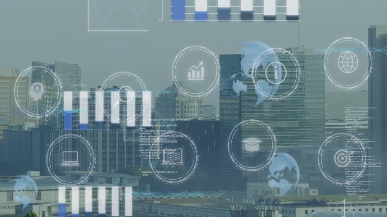 Animation of multiple digital icons and data processing against aerial view of cityscape