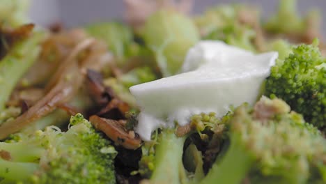 Close-up of broccoli with white sauce