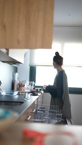 mujer cargando el lavador de platos en una cocina moderna