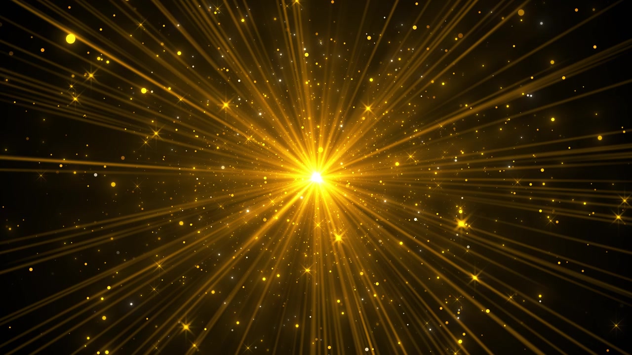 Golden starburst background with bright center flare radial light rays sparkling dots and dark