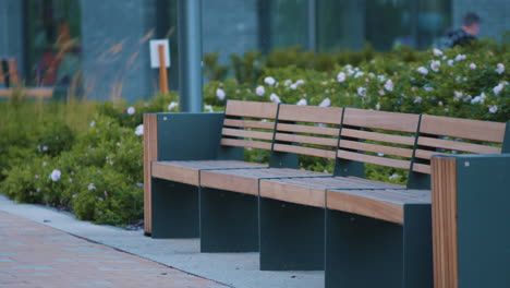 modern wooden park bench in urban setting