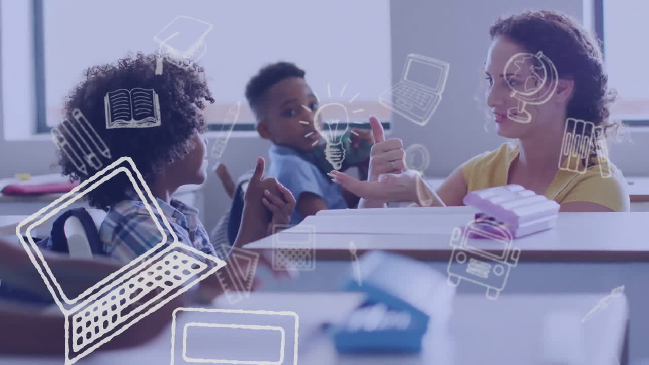 animación de iconos de artículos escolares sobre feliz diversa maestra aprendiendo con los estudiantes