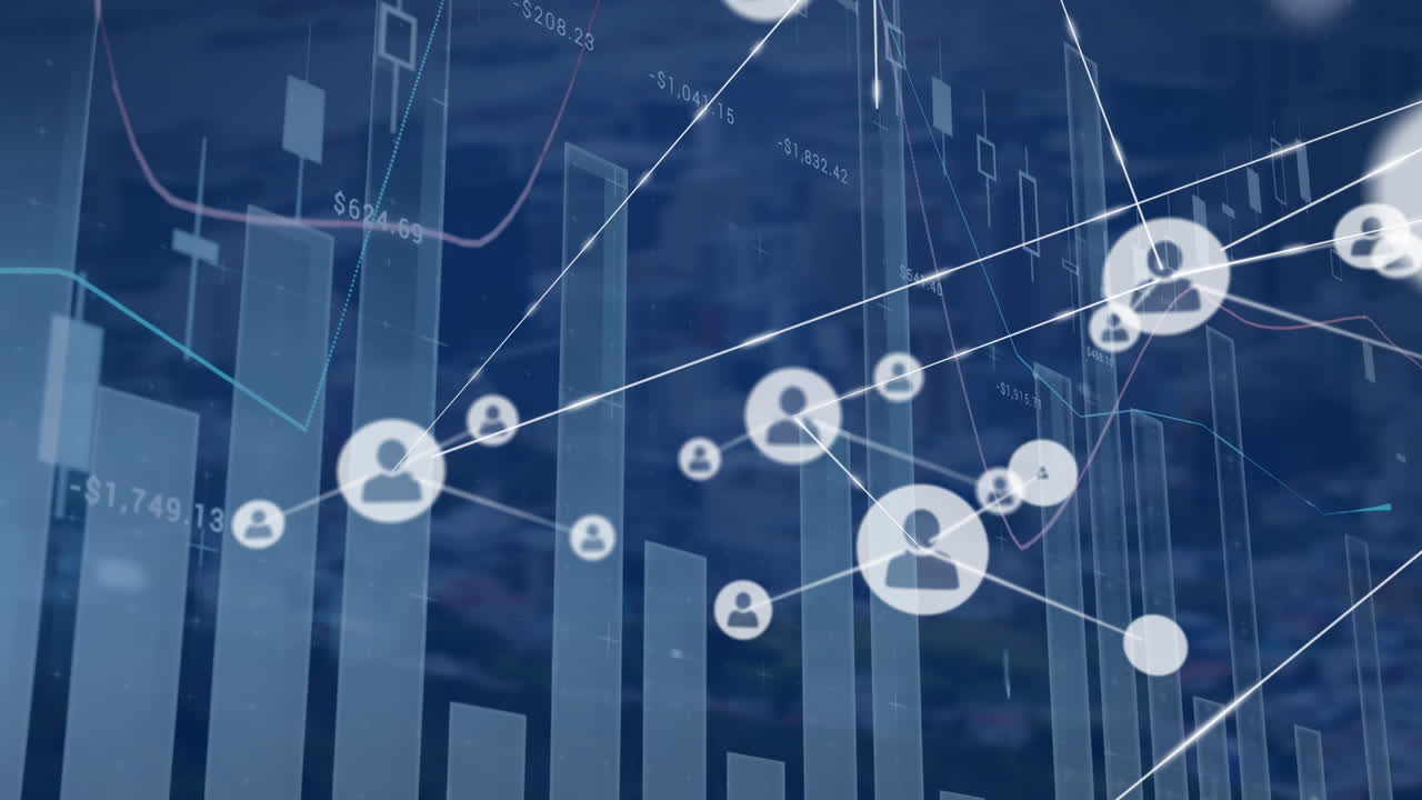 Animation of network of connections with digital icons statistics and data processing