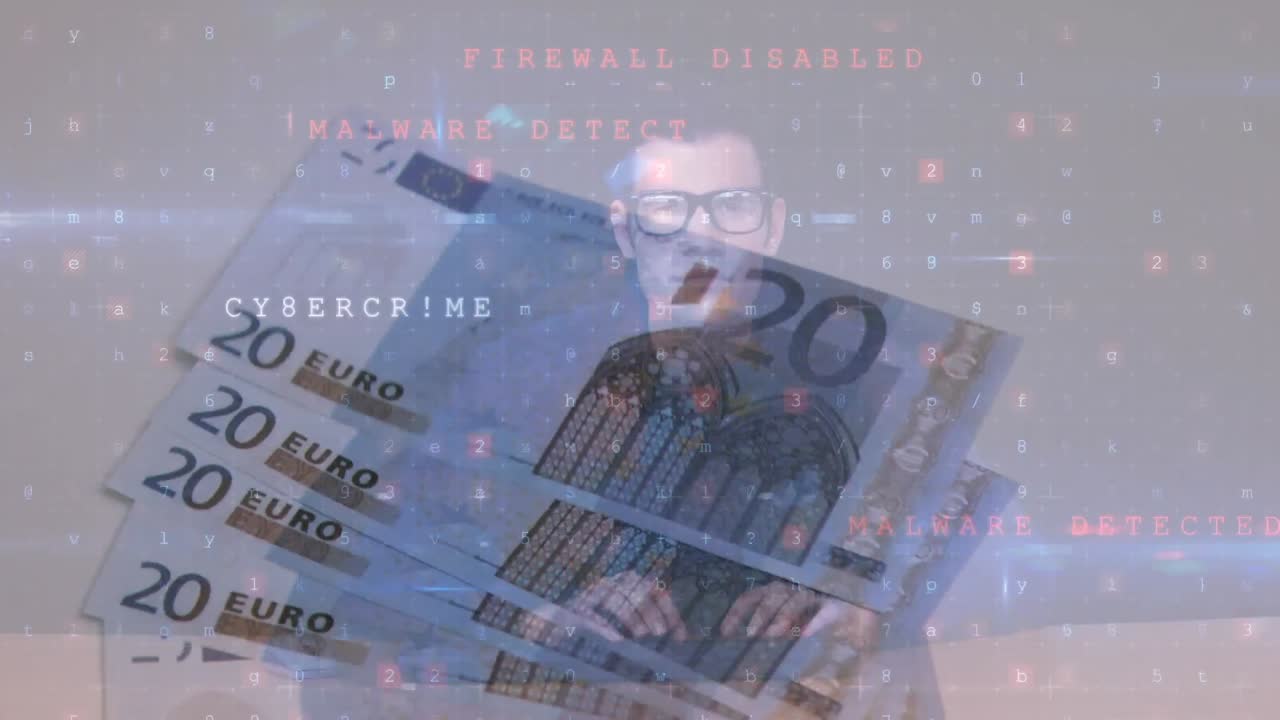 변화하는 숫자의 애니메이션, 유로 지폐에 대한 해커 및 바이러스 경보