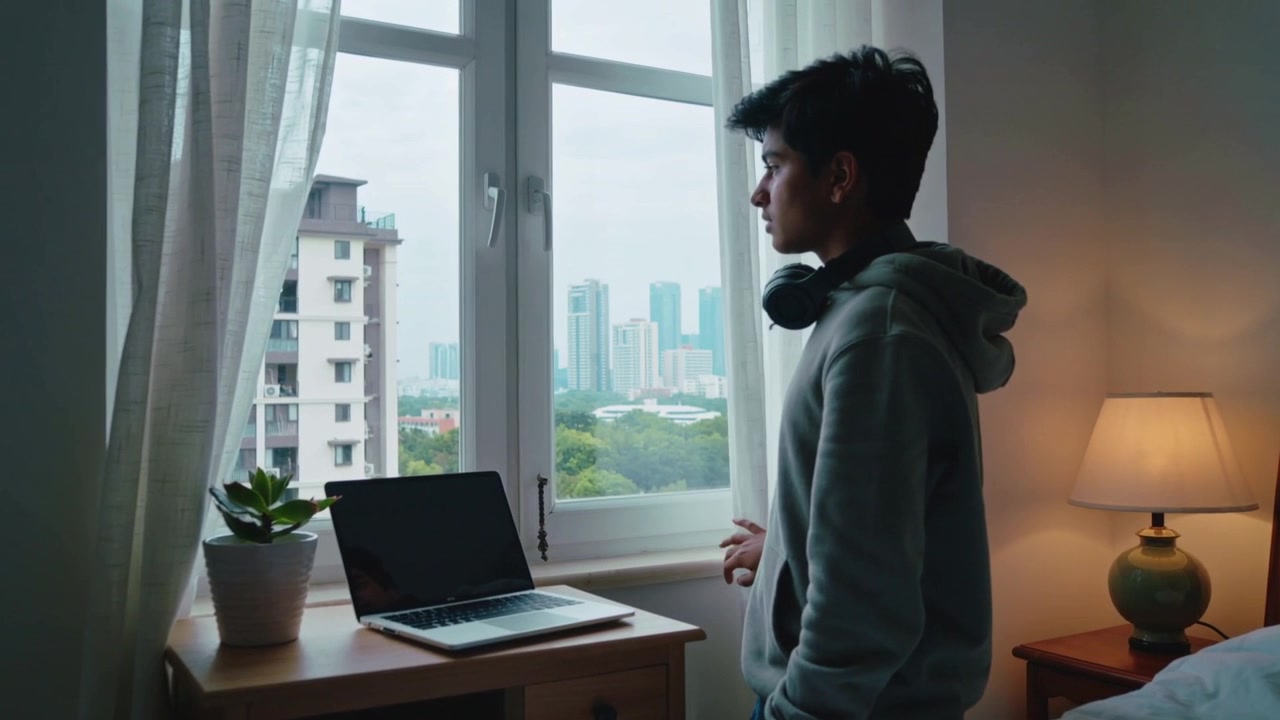 Pulling curtain, teen shifting at bedroom window in hoodie, taking break from laptop, copy space