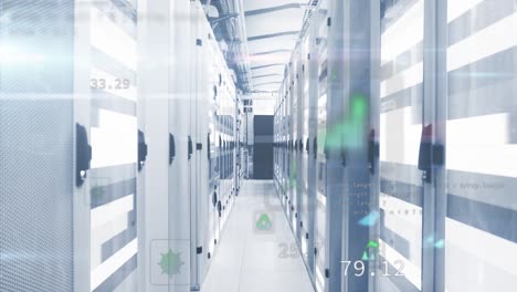 animación de iconos y lenguaje informático sobre barras móviles en la sala del servidor de datos