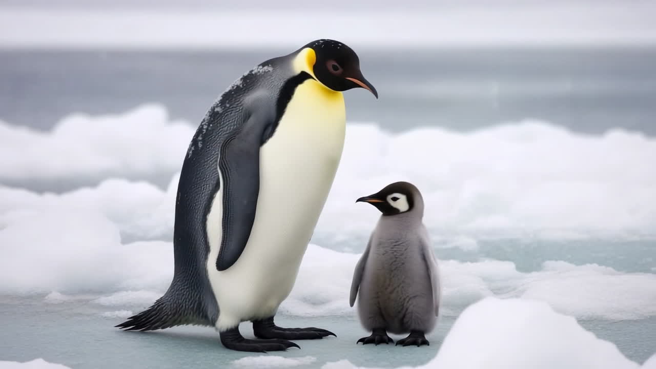 An adult emperor penguin and chick on ice