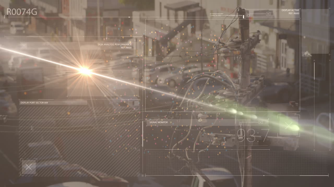 Utility pole showing cables and sensor box with holographic overlays under sunburst lens flare