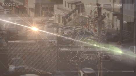 utility pole showing cables and sensor box with holographic overlays under sunburst lens flare