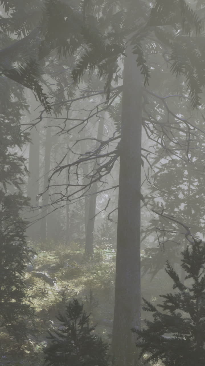 Misty forest landscape bathed in soft morning light reveals natures serenity