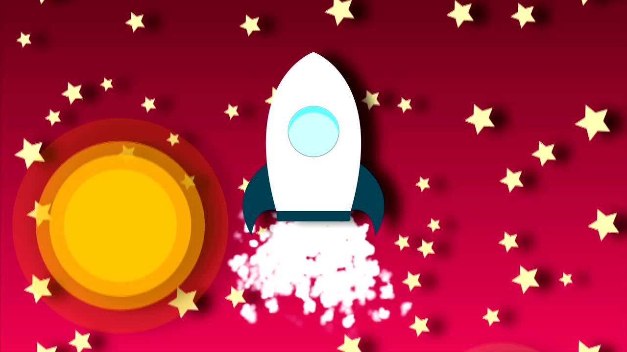 Animation of flying cartoon rocket with view from cosmos. Seamless loop