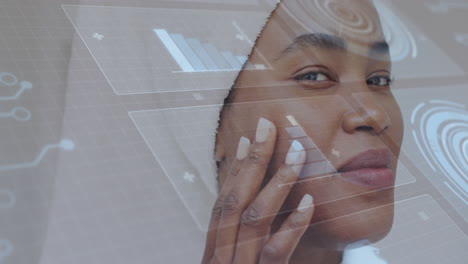 woman touching cheek in skincare environment, with holographic bar charts and grids overlaying view