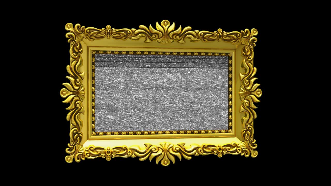 el marco de imágenes de oro de lujo gira sobre fondo negro. intro con ruido de televisión y pantalla verde, animación 3d.