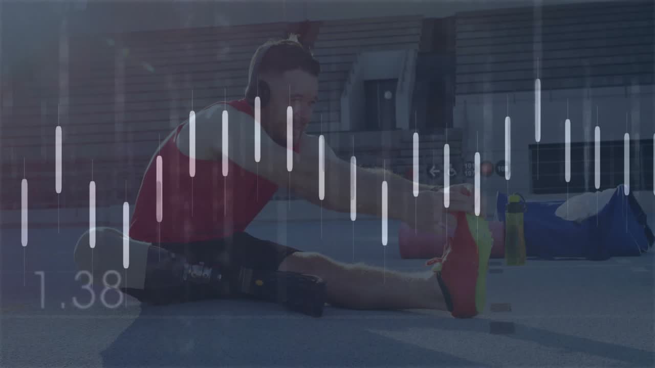 Sports prosthetic-leg athlete stretching hamstring on track activating dynamic waveform or line grap