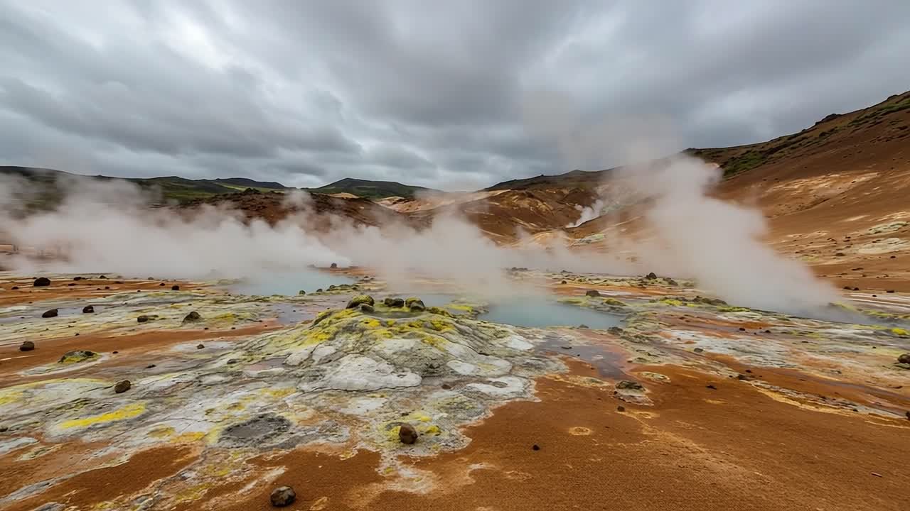 A Spectacular Display of Geothermal Activity in a Breathtaking Landscape with Vibrant Mineral Deposits and Plumes of Steam Rising Amidst Dramatic Cloudy Skies
