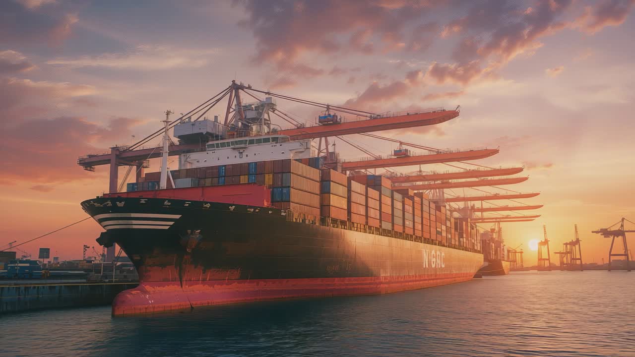 Sun sinking bathing container ship carrying containers at dock, with gantry cranes towering