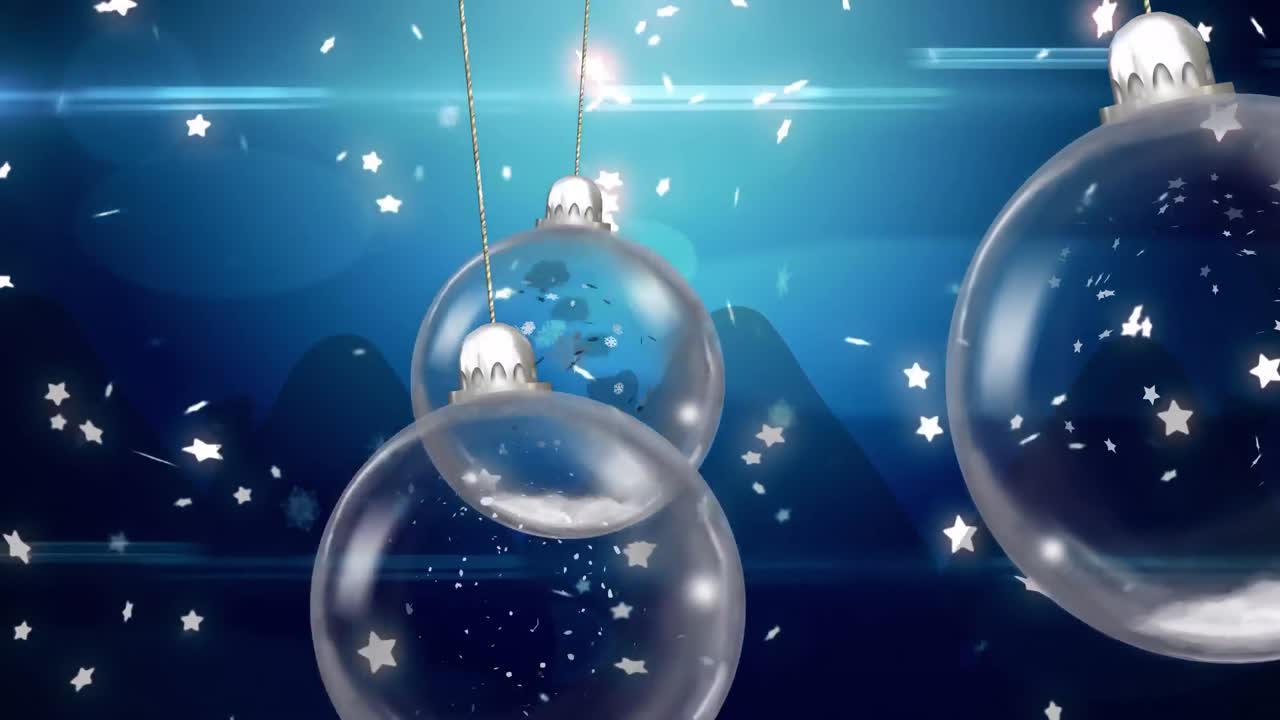Animazione di palline di Natale oscillanti su stelle che cadono su sfondo blu