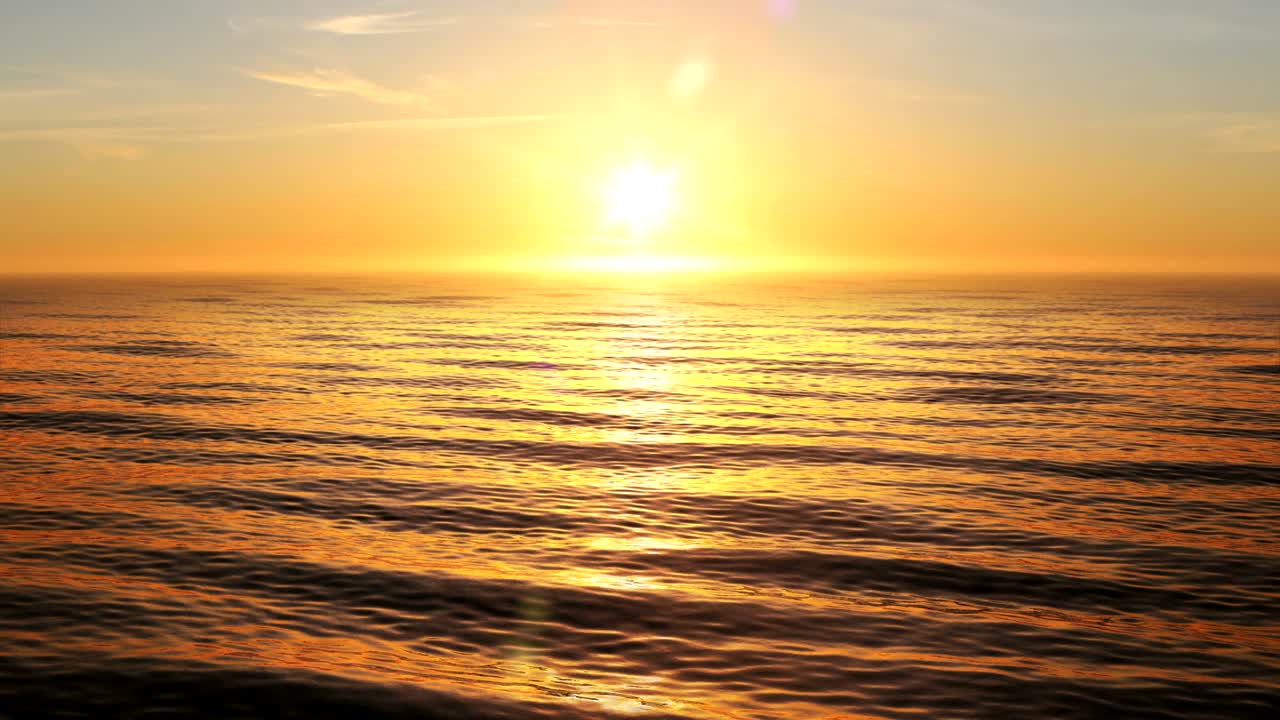 바다에서 아름다운 오렌지색 해가 지는 3d 애니메이션, 불로 밝게 빛나는 태양.