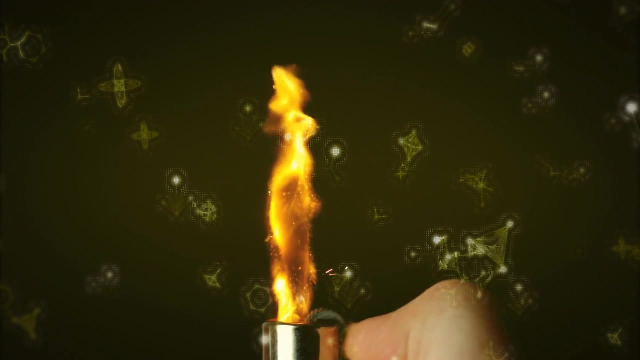 Hand Holding a Lit Lighter with Animated Molecular Background