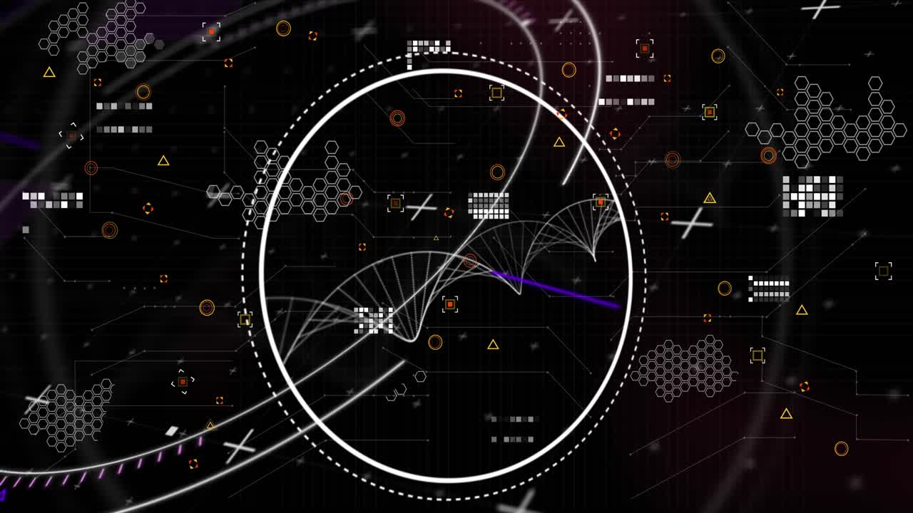 Animation of dna structure over round scanner against purple spots on black background