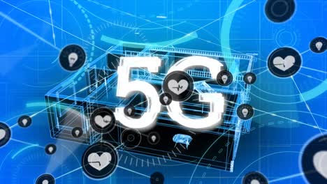 Animation-Des-Verbindungsnetzwerks-über-5G-Text-Und-Digitales-Hausmodell-Auf-Blauem-Hintergrund