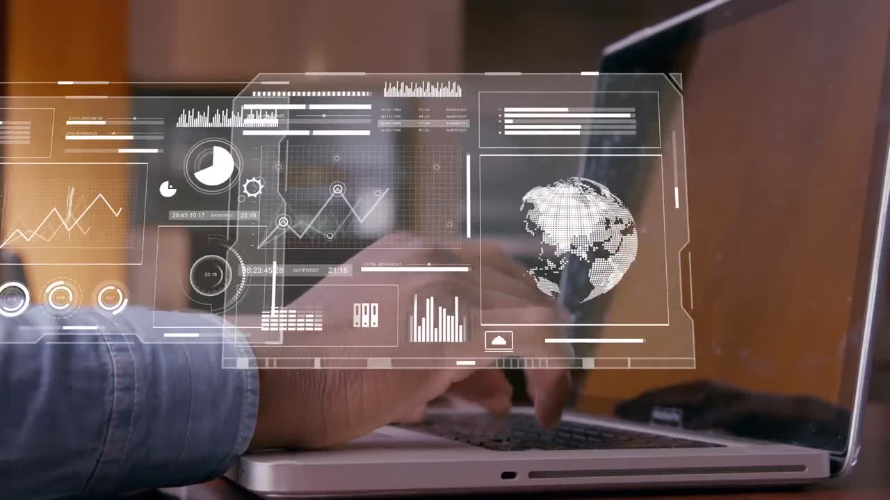 animación del procesamiento de datos financieros sobre empresarios que usan computadoras portátiles