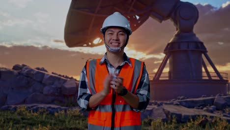 asian male engineer with safety helmet smiling and clapping his hands while standing with large satellite dish