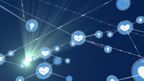 animación de una red de iconos digitales sobre luz verde moviéndose contra un fondo azul