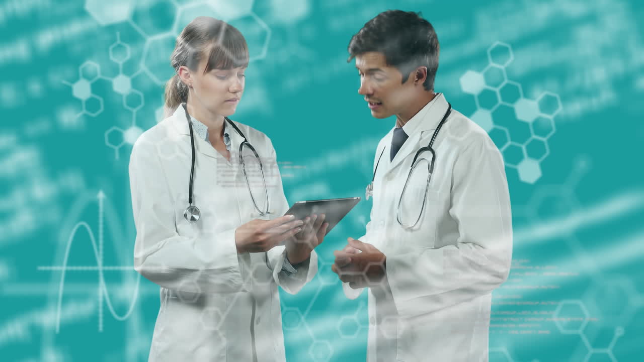 Digital animation showcases medical data and chemical structures with doctors using tablets.
