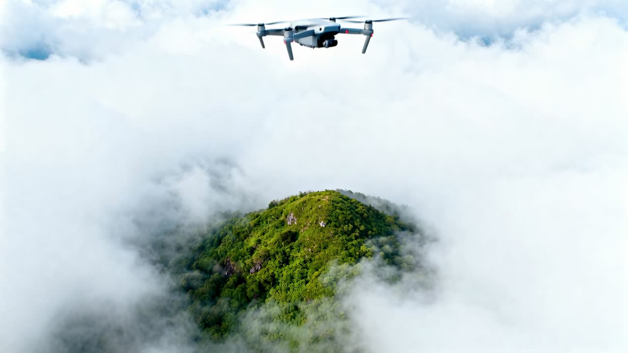 Drone quadricottero in avvicinamento che sorvola una collina verde su segnale, filmando le nuvole e poi allontanandosi.