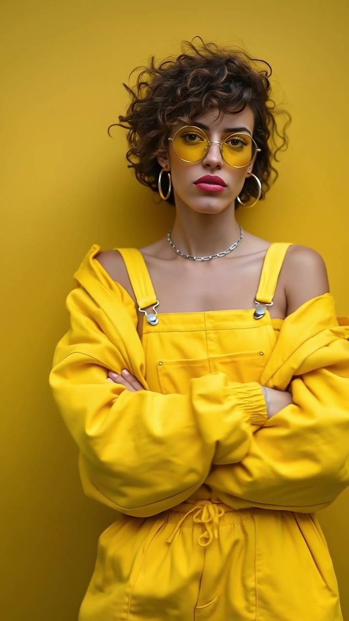 Wanita muda bergaya mengenakan baju terusan kuning cerah dan kacamata hitam berpose di depan dinding latar belakang kuning polos.