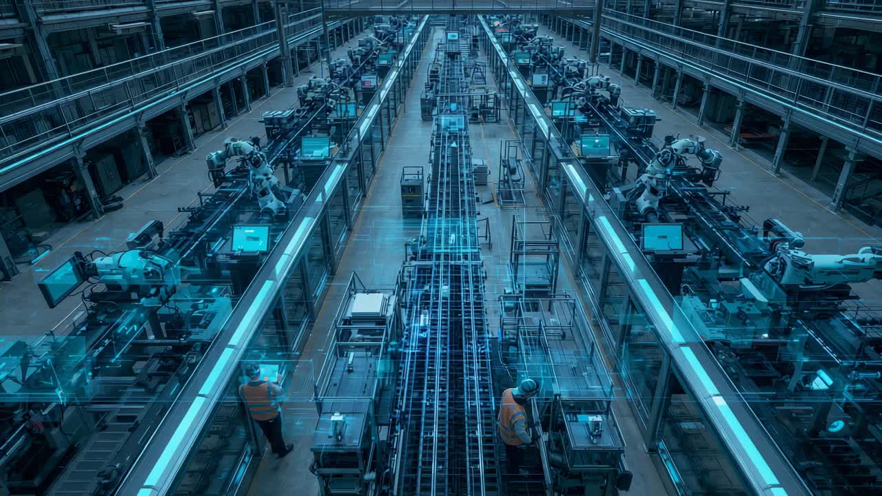 Responding to cyan overlay, two techs in vests and helmets adjusting conveyor and robots in factory