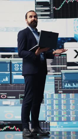 vertical video visionary business leader gives detailed business pitch using data and graphs