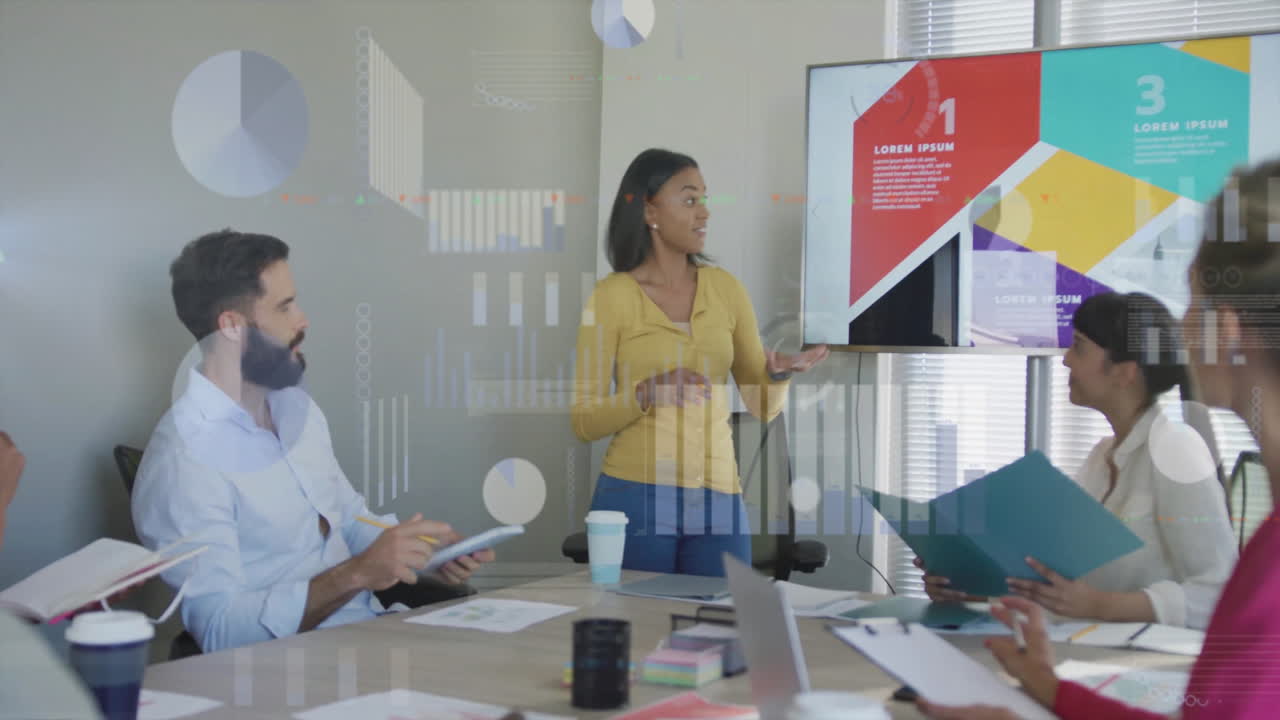 Presenting data analysis, businesswoman in conference room using animation with colleagues