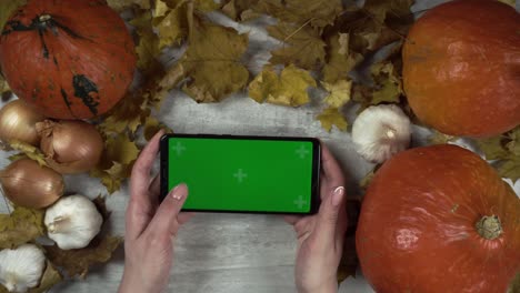 woman is holding smartphone with green screen and makes playing gestures