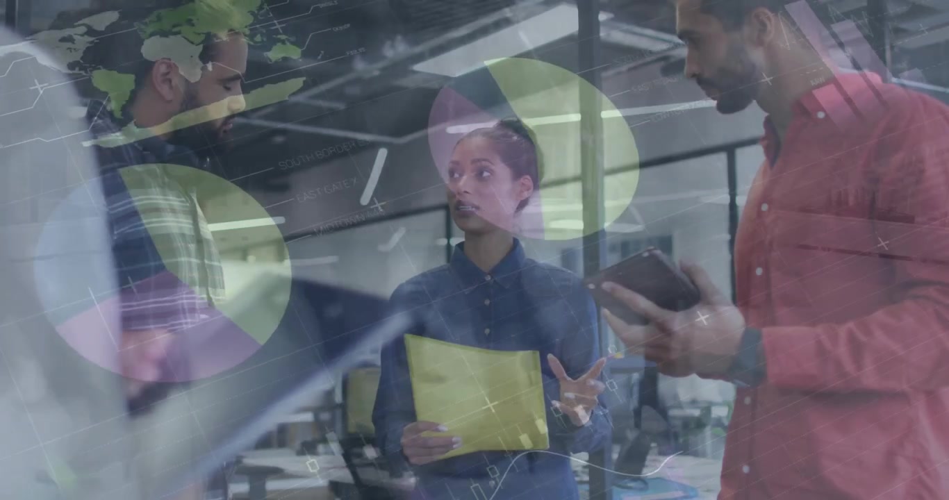 Animation of financial data processing and people walking over diverse colleagues having meeting