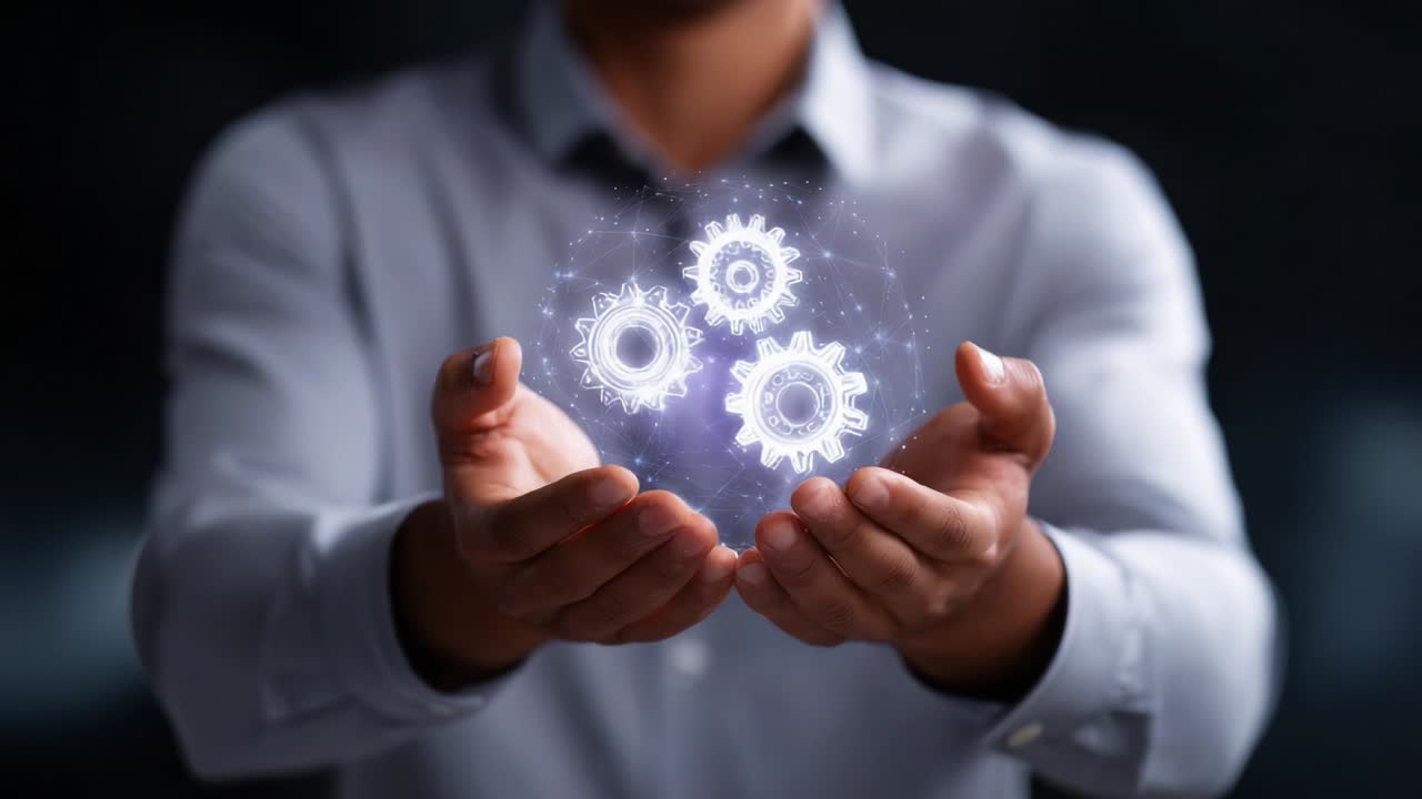 A Human Touch: The Art of Balancing Innovation and Precision through Digital Gears Representing Technology and Engineering in a Modern World, Showcasing the Synergy Between Hands and Machine Elements