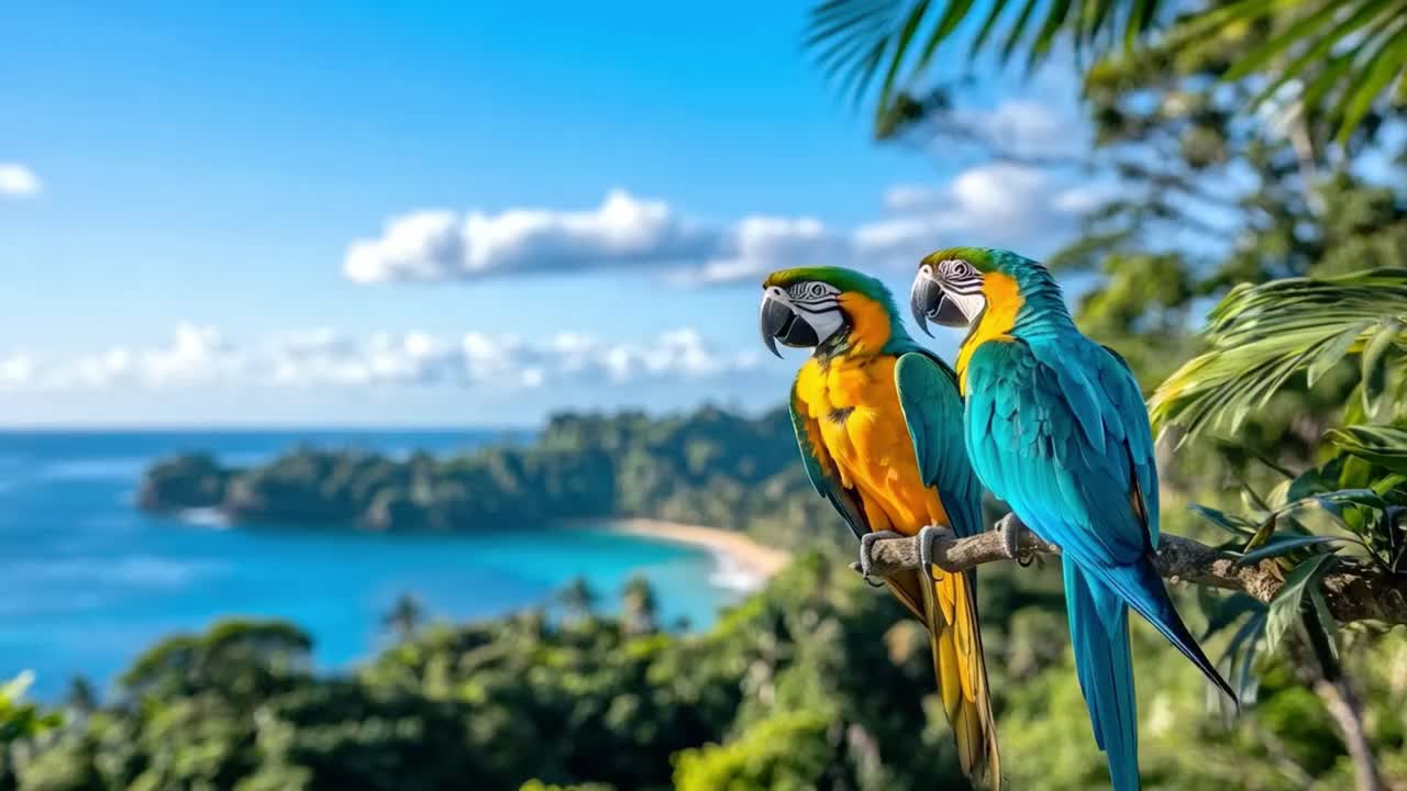 Two colorful macaws perched on a branch overlooking a tropical beach