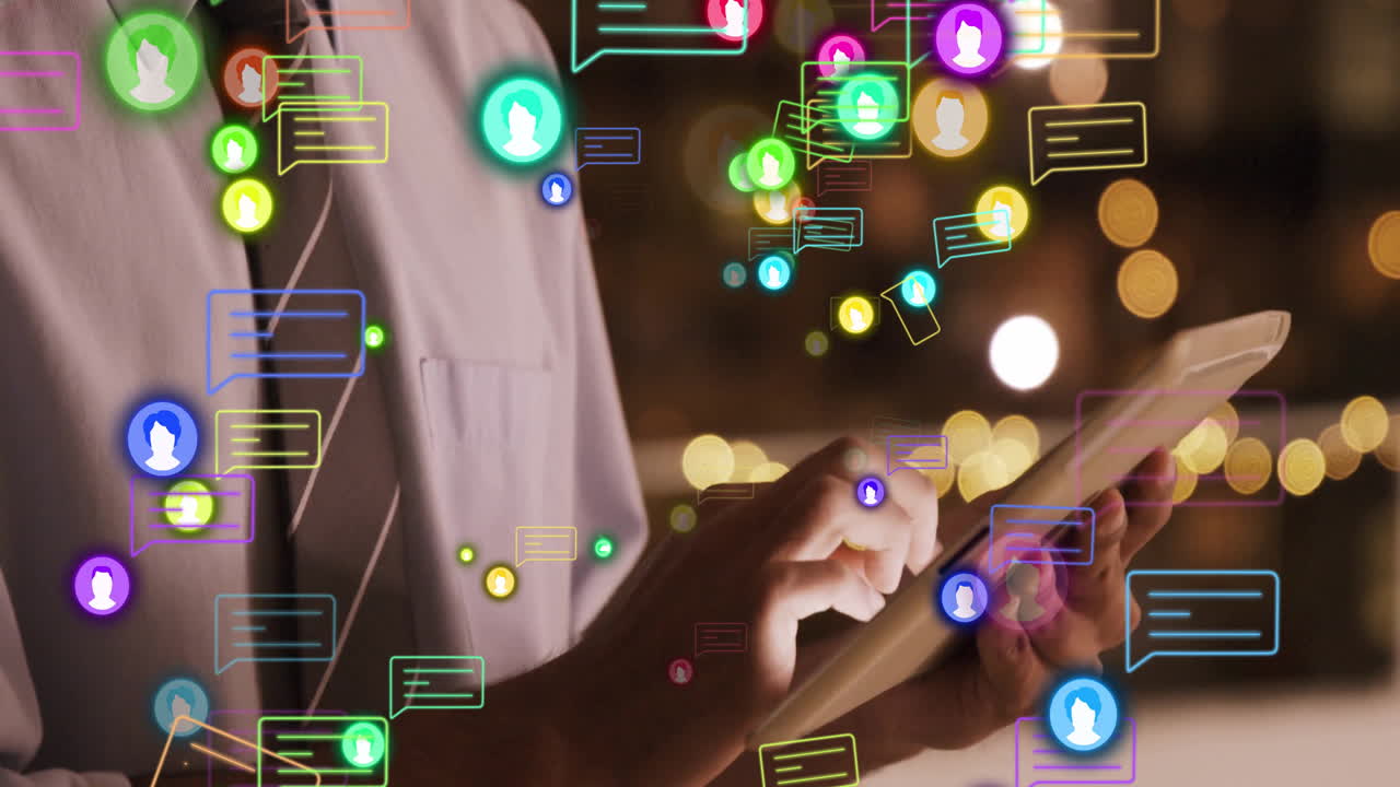 Using tablet, person in school with colorful animation of social media notifications