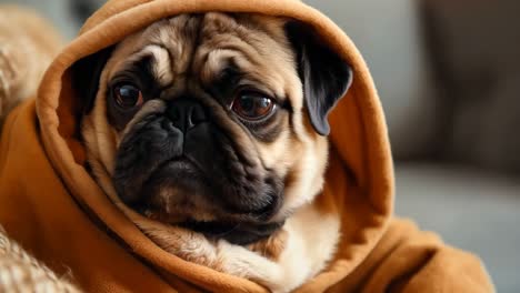 un perro pug con una sudadera marrón sentado en el suelo