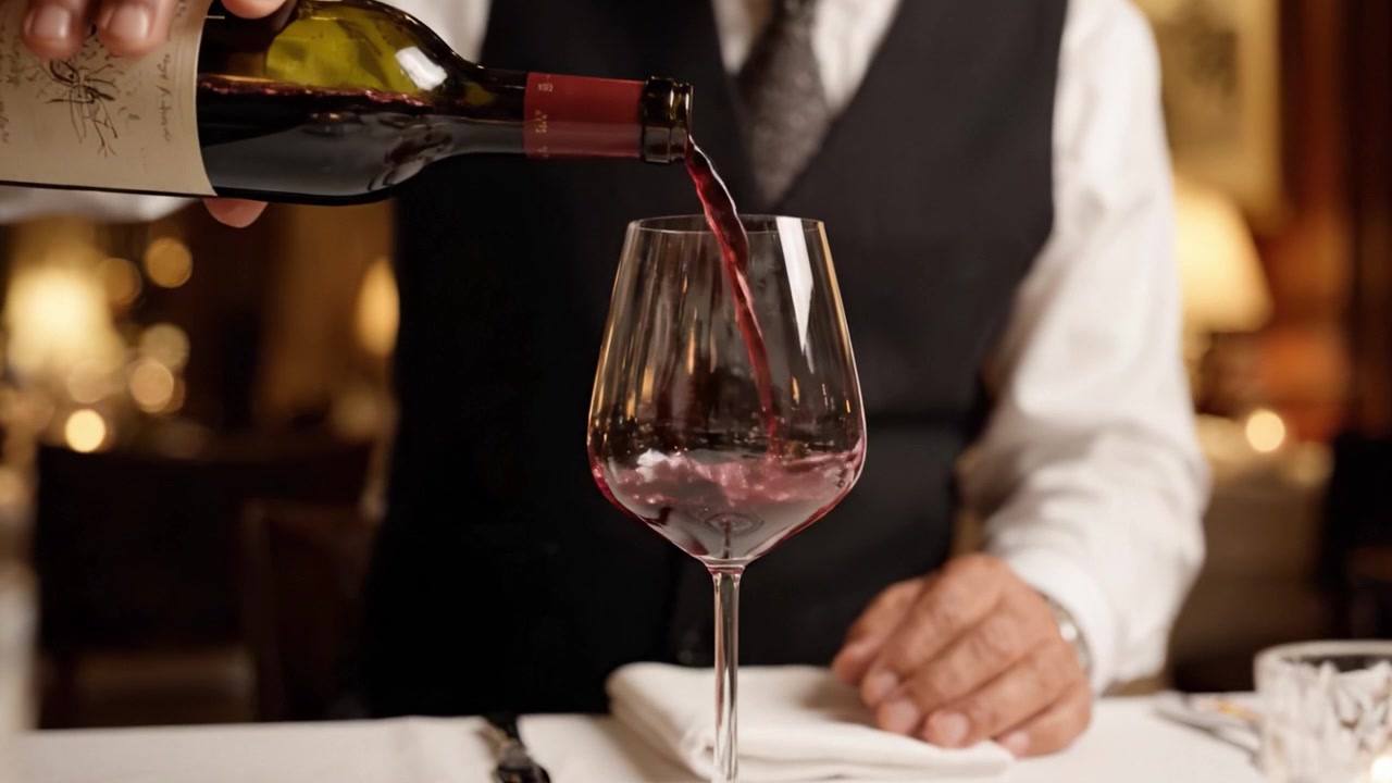 Un'esperienza elegante: Un sommelier versa vino rosso pregiato in un bicchiere in un'accogliente atmosfera di alta cucina, con illuminazione ambientale soffusa e arredamento di buon gusto.