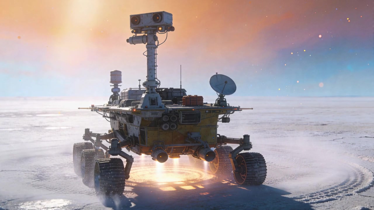 Attivando il riscaldatore sottoscocca, un rover a sei ruote emette vapore rivelando tracce sul ghiaccio, riscaldando l'albero.