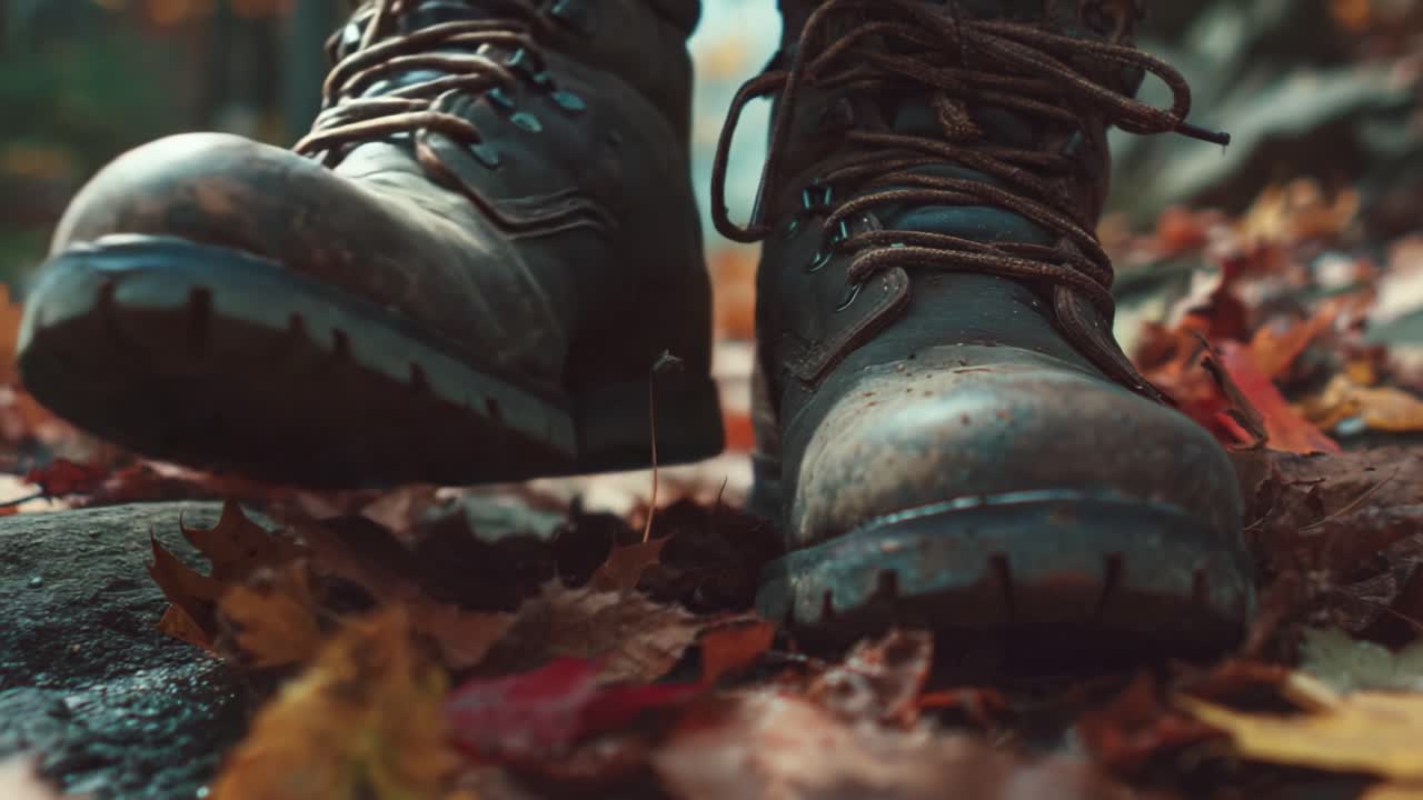 Exploring Nature: Close-Up Shots of Well-Worn Hiking Boots Amidst Autumn Leaves and Scenic Trails, Capturing the Essence of Adventure and the Beauty of the Outdoors