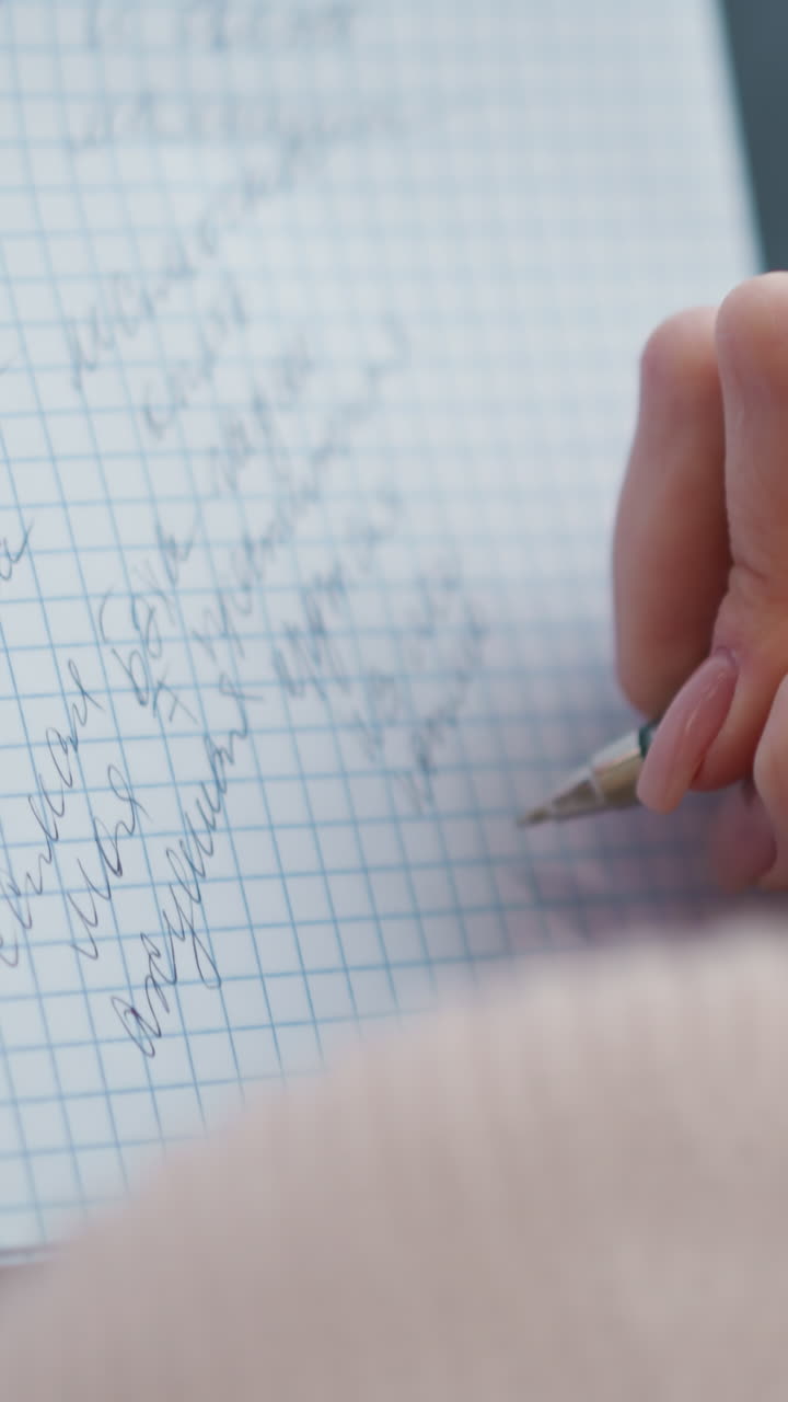 primer plano de la vista trasera de la señora escribiendo en el cuaderno, centrándose en la mano sosteniendo el bolígrafo y la escritura a mano en papel cuadrícula. enfoque suave en la mano mientras escribe con concentración