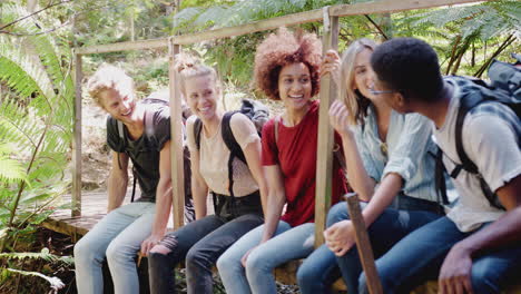 Group-Of-Young-Friends-Hiking-Through-Countryside-Sitting-On-Wooden-Bridge-Together