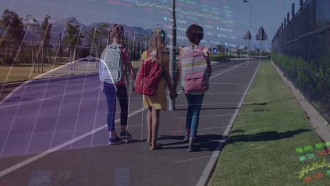 Stock-market-data-processing-against-three-diverse-school-girls-holding-hands-walking-on-the-street